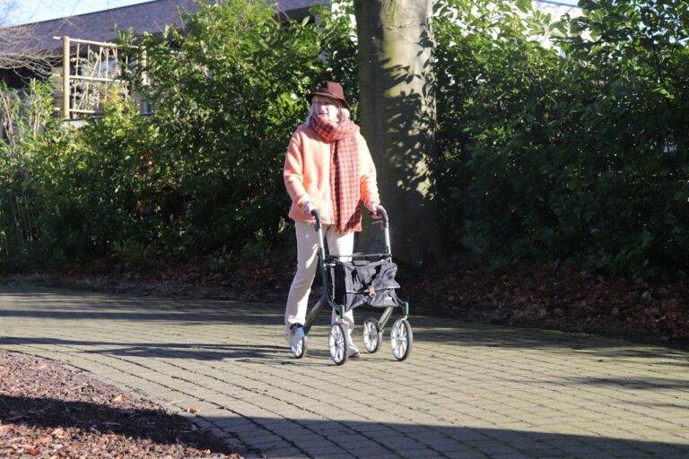 Elderly person with walker on a paved path